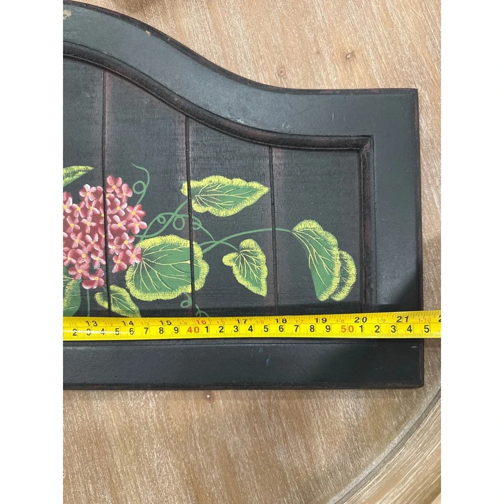 Vintage Hand Painted Floral Wood Wall Plaque Pink Flowers Black Arched Sign
